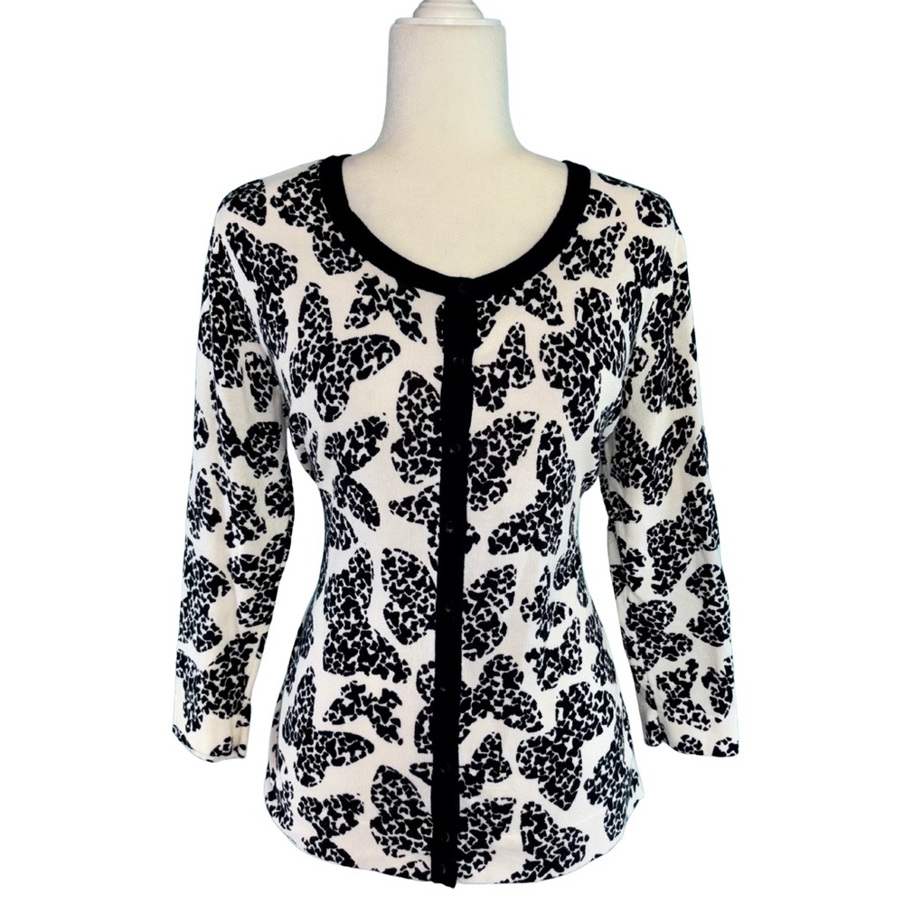 Studio Works Black & White Butterfly Print Cardigan Sweater Button Down Size M